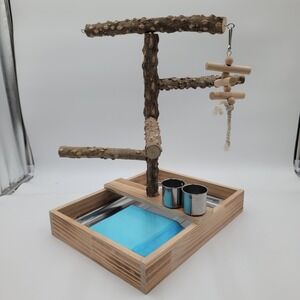 Natural Wood Bird Playstand Tabletop Gym with Stainless Steel Tray and Cups